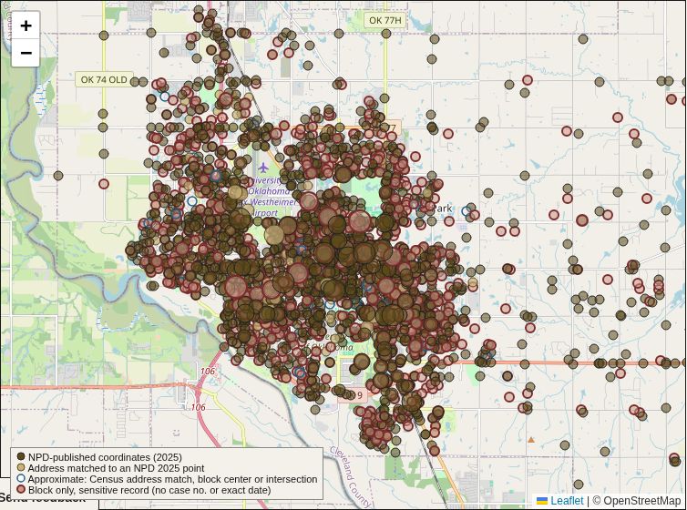 Map of Norman with Norman Police Department incident points by hundred block