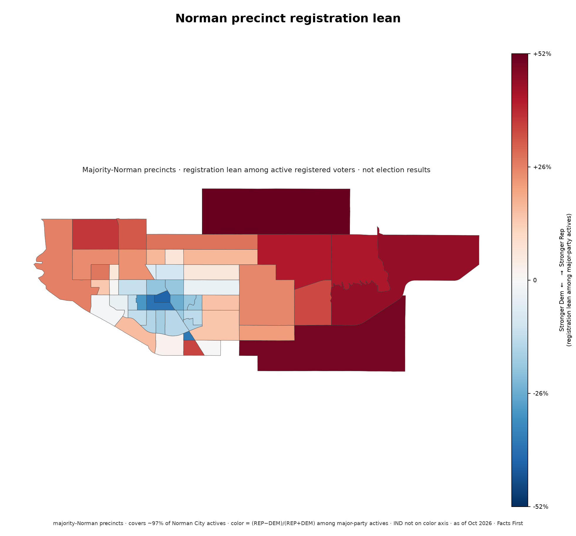 Choropleth map of Norman majority precincts by Republican versus Democratic registration lean among active voters, Oct 2026.