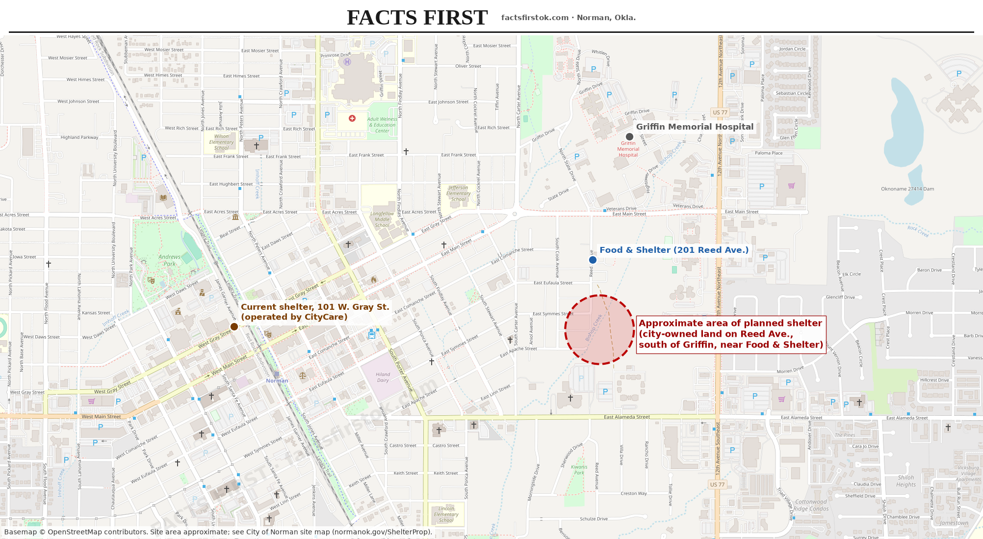 Map of central Norman showing the approximate planned shelter area on Reed Avenue south of Griffin Memorial Hospital, Food & Shelter, and the current shelter on West Gray Street