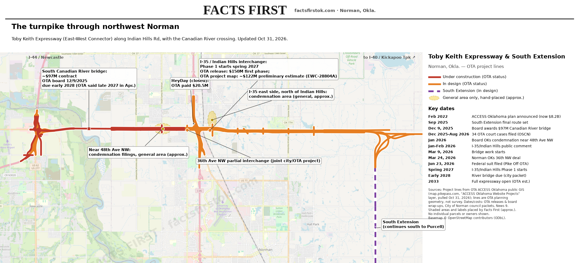 Map: the Toby Keith Expressway through northwest Norman, from the South Canadian River bridge to the I-35/Indian Hills interchange